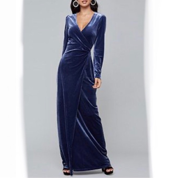 Bebe Velvet Maxi Wrap Dress Hurricane Blue - Picture 1 of 9